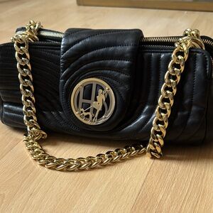 Henri Bendel Black Quilted Purse with Heavy Gold Chain